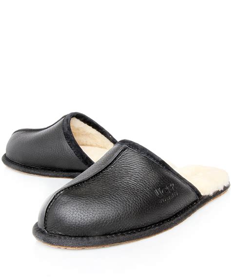 UGG Black Scuff Leather Slippers for Men - Lyst