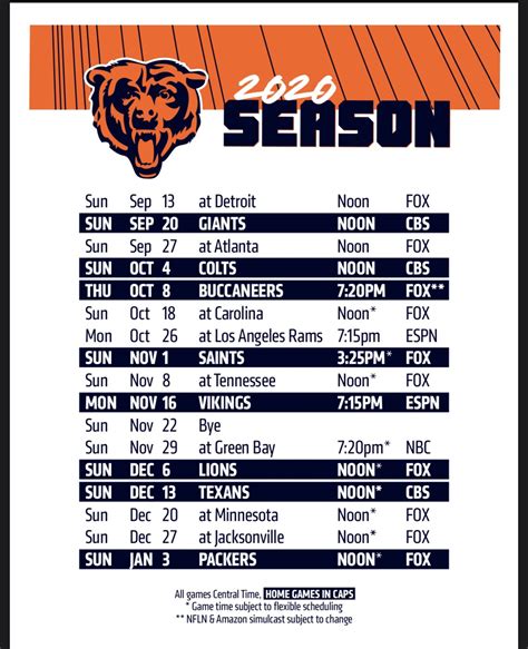 Printable Bears Schedule