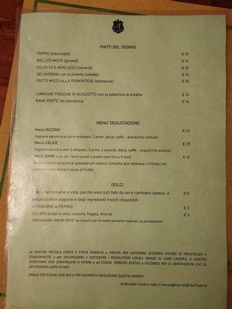 Menu at Osteria La Sosta restaurant, Settimo Vittone