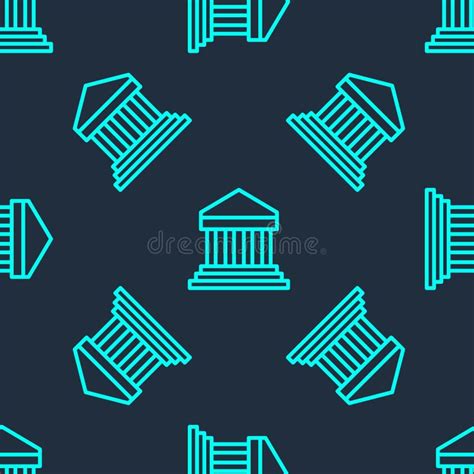Green Line Parthenon from Athens, Acropolis, Greece Icon Isolated Seamless Pattern on Blue ...