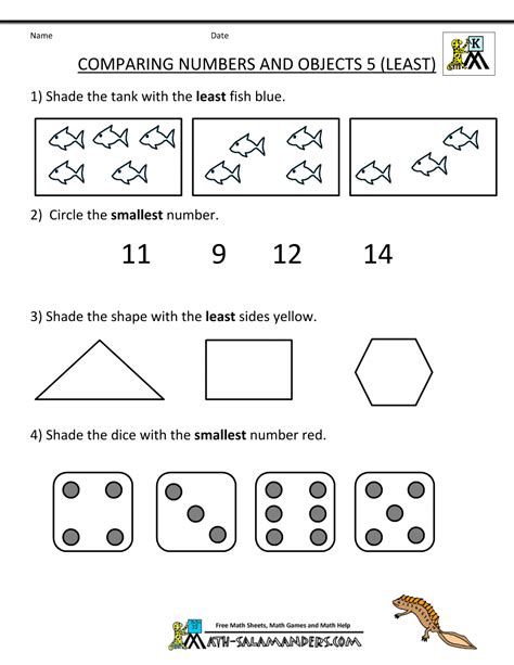 Kindergarten Math Worksheets Comparing Numbers and Size