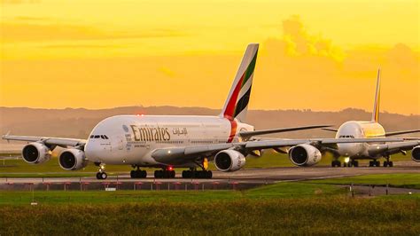 EMIRATES Airbus A380 Twins Sunset Takeoff - YouTube