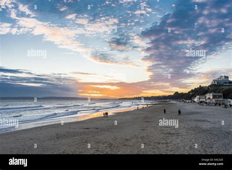 Bournemouth beach seafront during a spectacular sunset January 2018 ...