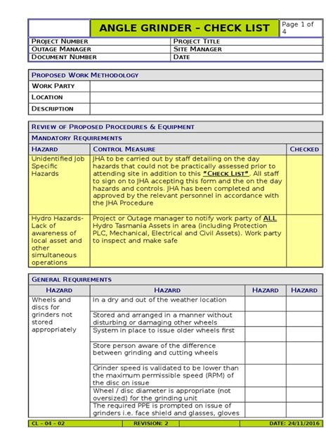 Angle Grinder Checklist | Personal Protective Equipment | Manufactured Goods