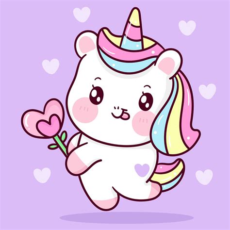 Cute Unicorn vector holding heart flower. Pony cartoon kawaii animal background for Valentines ...