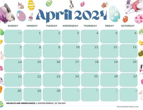 April 2024 Calendar With Easter Day - Caria Corrina