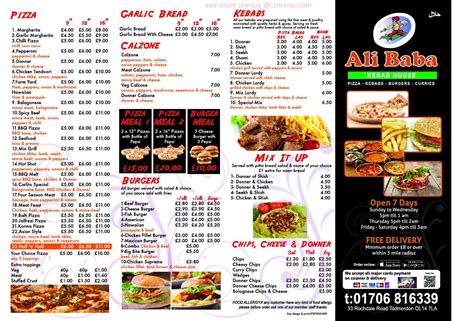 Menu at Ali Baba Kebab House fast food, Todmorden