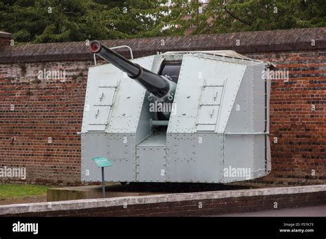 Royal Navy 4.7 inch naval gun in mount, at the "Explosions" Exhibition ...