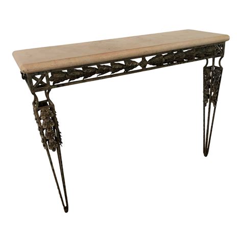 Wrought Iron & Travertine Marble Top Console Table | Chairish