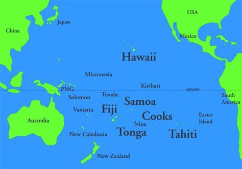 a map of the world with countries labeled in green and blue, including hawaii, sanna, fiji, cook ...