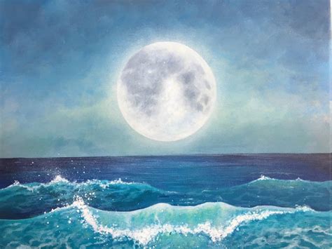 Full Moon Over Ocean Acrylic Painting, 11x14 - Etsy