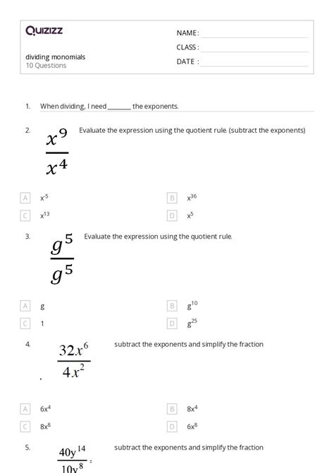 Free dividing monomials worksheet, Download Free dividing monomials worksheet png images, Free ...