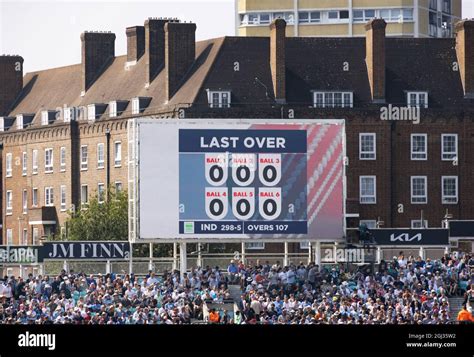 The Oval cricket scoreboard showing a maiden over, ie. no runs scored ...