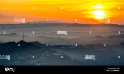 Aerial view, sunset over the Hollywood Hills, sunset, sun ball ...