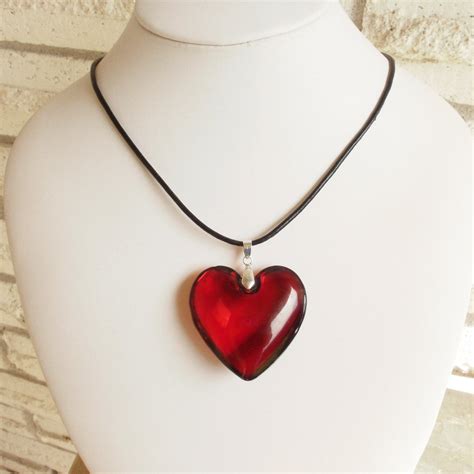 Ruby Red Glass Heart Pendant Necklace