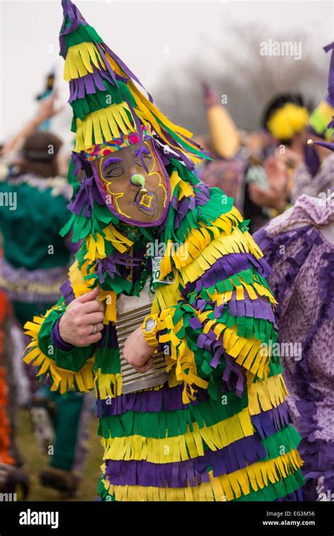 Revelers wearing traditional Cajun Mardi Gras masks and costumes dance ...