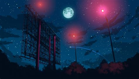 #anime #Moon street light night sky #stars digital art #artwork # ...