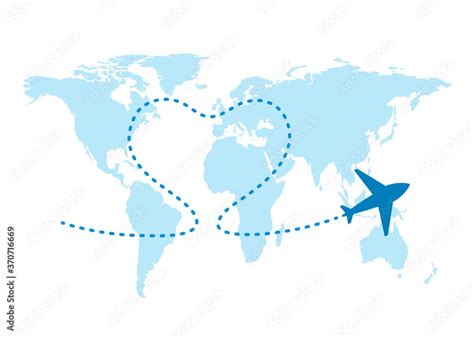 World map and plane flight. Airplane flying and leave dashed trace line. Love travel concept ...