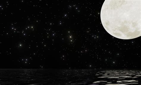 Full moon with many stars and reflection on water dark night sky ...