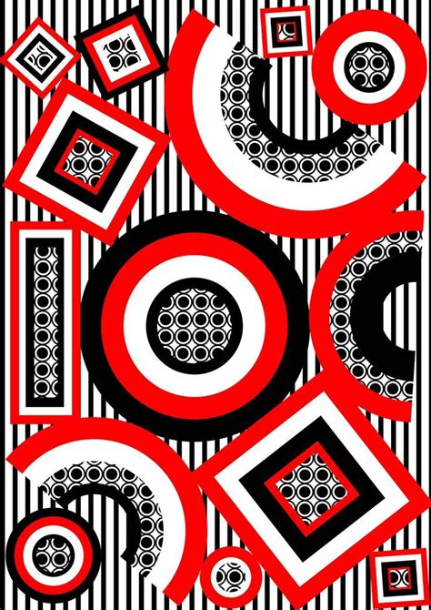 an abstract painting with black, white and red shapes on striped ...