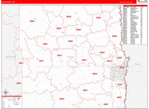 Cass County, ND Zip Code Wall Map Red Line Style by MarketMAPS - MapSales.com