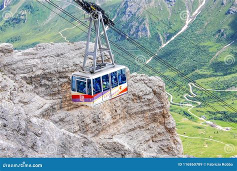 Cable Car Sass Pordoi Funivia Pass Pordoi Arriving In The Lower ...