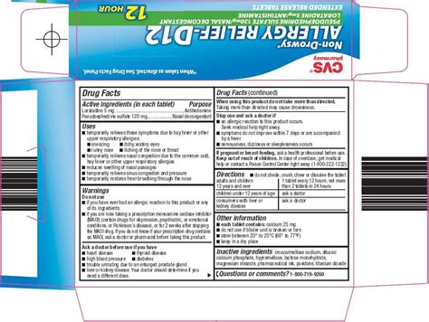 Allergy Relief d 12 (CVS Pharmacy) LORATADINE 5mg, PSEUDOEPHEDRINE ...