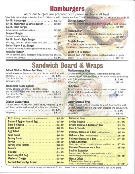 Jack's Family Restaurant menu in Blenheim, Ontario, Canada