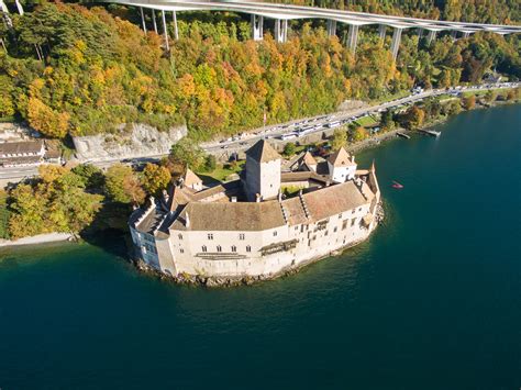 Aerial view of Chillon Castle – Chateau de Chillon in Montreux ...