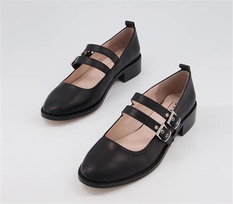 Office Flush Double Strap Mary Jane Flats Black Leather - Flat Shoes ...