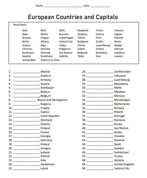 European Countries and Capitals Homeschool Printable Geography 8.5 X 11 Digital Download - Etsy