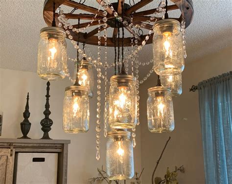 Wagon Wheel Chandelier With Mason Jar Lights - Etsy