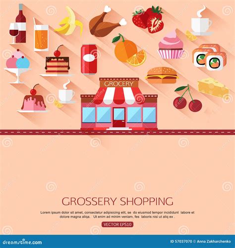 Grocery Shopping Concept Background with Place Stock Vector - Illustration of bread, fruit: 57037070