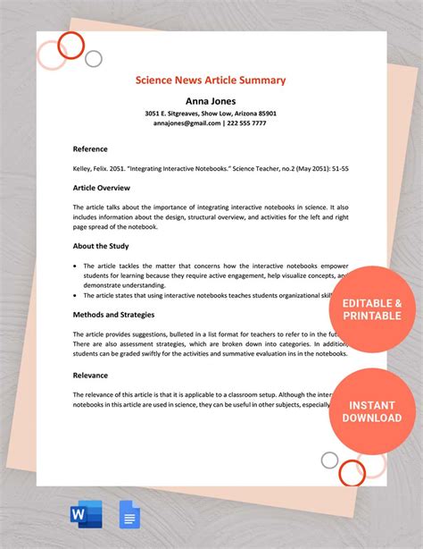 Science News Article Summary Template in Word, Google Docs - Download ...