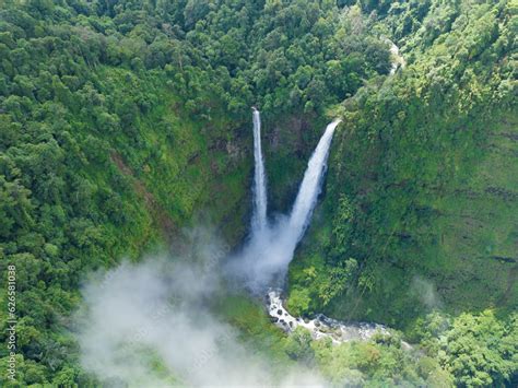 The Tad Fane waterfall, on the Bolaven Plateau in Laos, a few ...