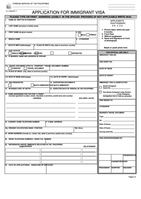 Fillable Immigrant Visa Application Form (Philippines) printable pdf ...