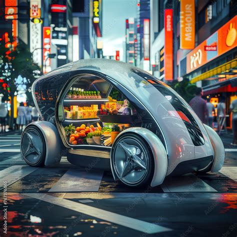 An unmanned vehicle delivers groceries in downtown. Delivery concept ...