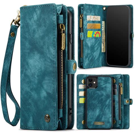 CaseMe iPhone 12 Zipper Wallet Case with Wrist Strap Blue