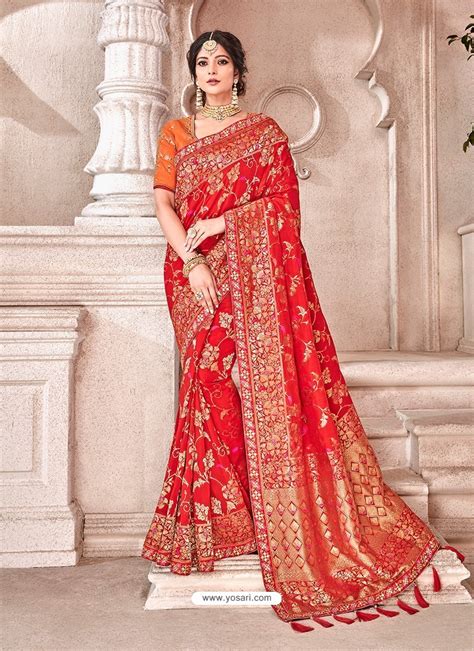 Buy Red Heavy Banarasi Silk Wedding Sari | Wedding Sarees