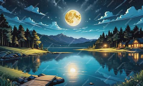 Premium AI Image | A lake at night with a full moon and stars in the sky