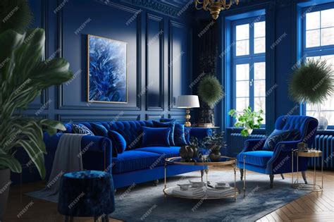 Premium AI Image | A living room with a blue sofa and a gold coffee table.