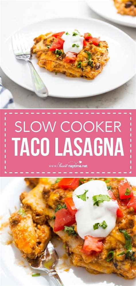 Slow Cooker Taco Lasagna - Layers of tortillas, cream cheese, beans, taco meat, enchilada sauce ...