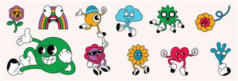 Set of 70s groovy element vector. Collection of cartoon characters, doodle smile face, rainbow ...