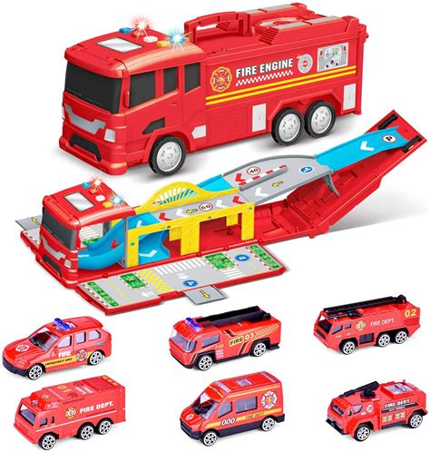 Fireman Toy Trucks with 6 Pieces Mini Die-cast Toy Cars, Car Carrier ...