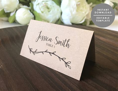 Rustic Place Card Template Kraft Place Card Guest Name | Etsy