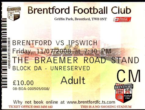 Brentford v Ipswich – ticket – 2008-09 Friendly – Brentford FC Memorabilia