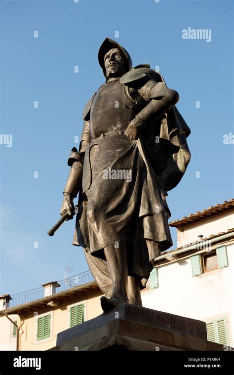 Greve, Tuscany,Italy. June 2018 Statue of Giovanni da Verrazzano. In the piazza there is also a ...