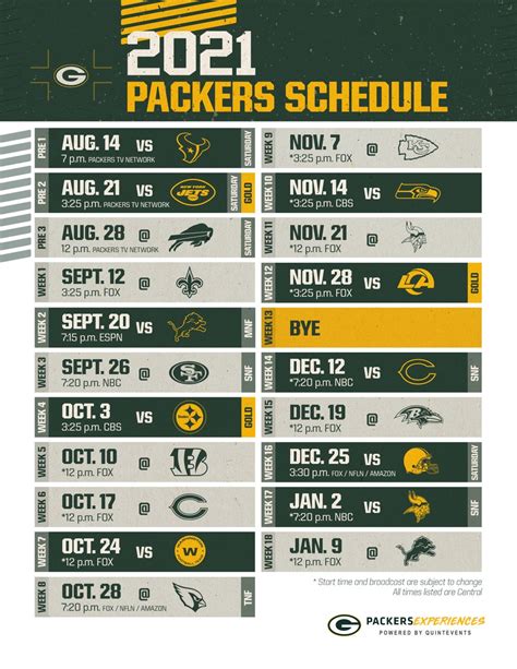 Green Bay Packer Printable Schedule