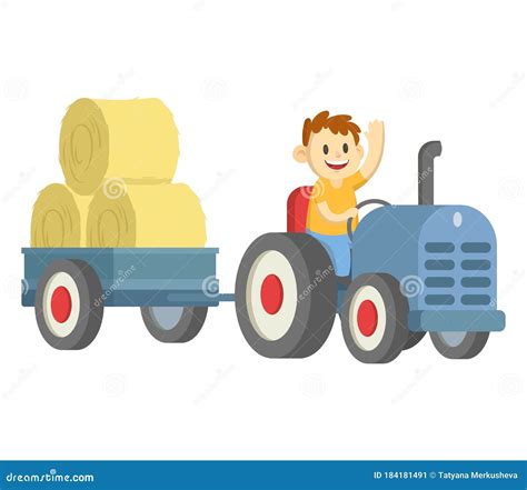 Smiling Farmer Driving Tractor with a Trailer of Hay. Flat Vector ...