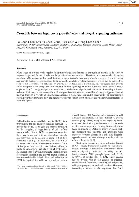 Crosstalk Between Hepatocyte Growth Factor and Integrin Signaling Pathways - DocsLib